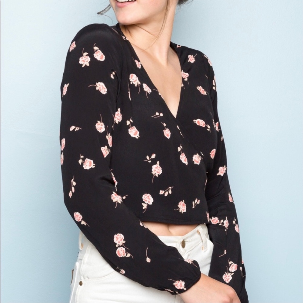 Brandy Melville Black Floral Wrap Blouse with Pink Roses